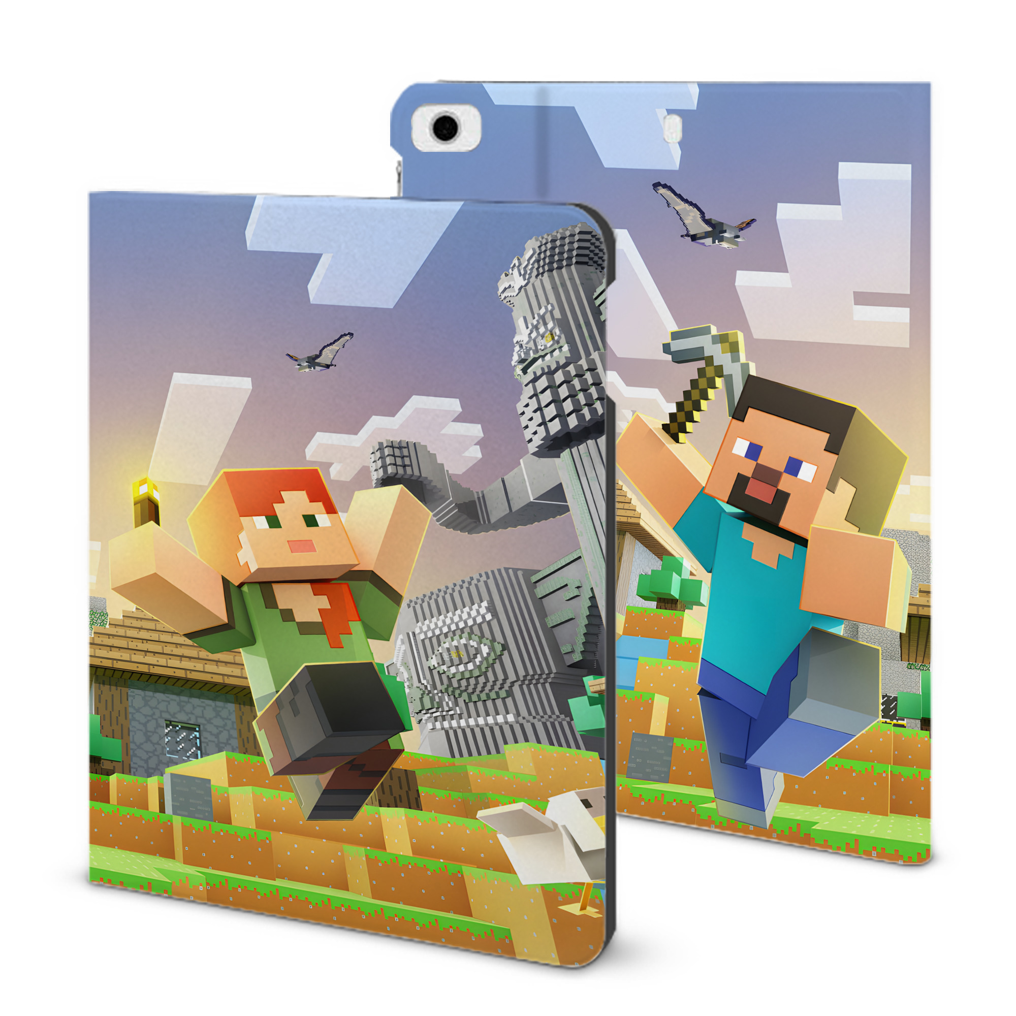 （画像用） マインクラフト ブロックの世界 Minecraft MC Block world IPad ケース ブック型 PUレザー TPU 耐衝撃 軽量 薄型 ペン収納なし 全面保護 IPad 各モデル対応